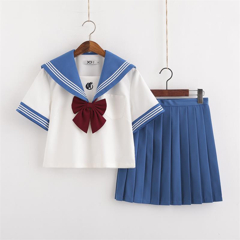 Light Blue Japanese Uniform For School Girls Long Sleeve Sailor Shirt Pleated Skirt Set College Middle High School Uniforms Image