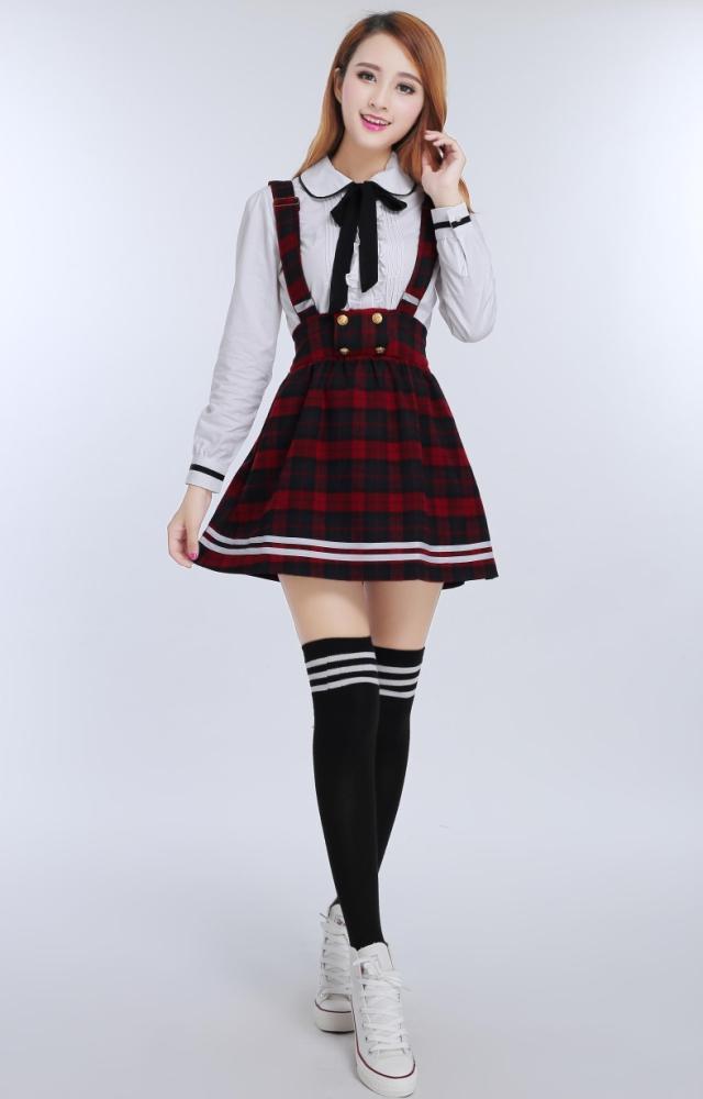 Japanese School Uniform for girls Students Class Sweet Clothes Plus size Navy Straps skirt +White Shirt +Stocking 3 Pcs / Set Image