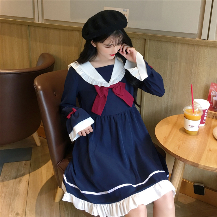 Summer Girl Cartoon Blue White Sailor Collar Dresses School Uniform Girls Preppy Cute Tie Short Sleeve Casual Dress Image