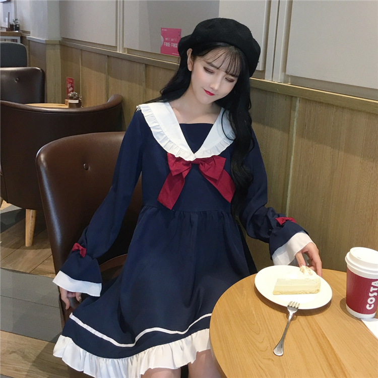 Summer Girl Cartoon Blue White Sailor Collar Dresses School Uniform Girls Preppy Cute Tie Short Sleeve Casual Dress Image