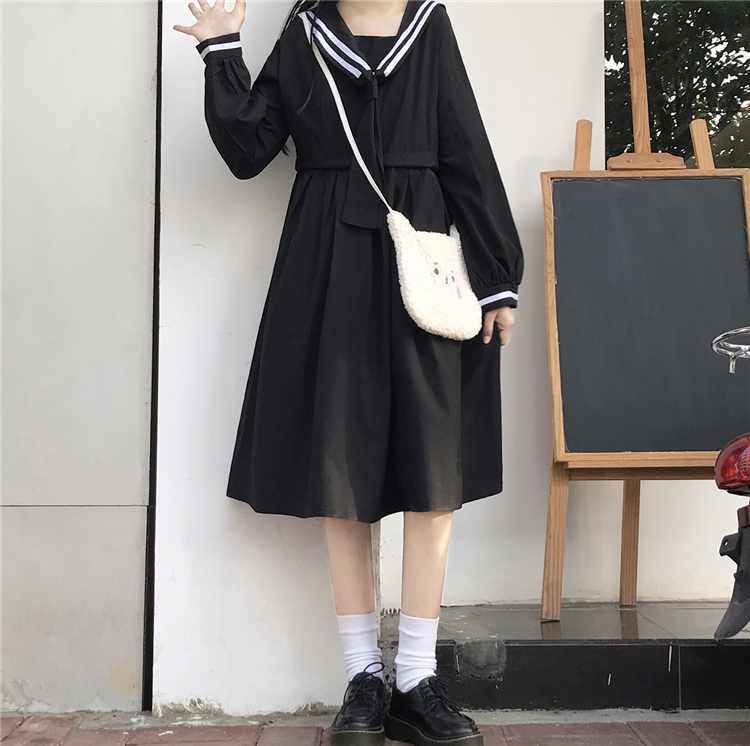 2020 New Japanese  Sweet College  Overknee dress Striped Sailor Collar Student Long Sleeve Dress Female Autumn  school uniform Image