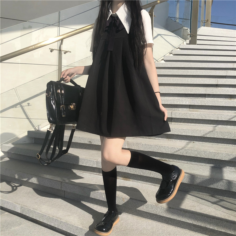 2020 New Japanese Sweet College Two-Piece Short-Sleeved Shirt  Bow Tie + Pleated Vest Dress Female Summer school girl uniform Image