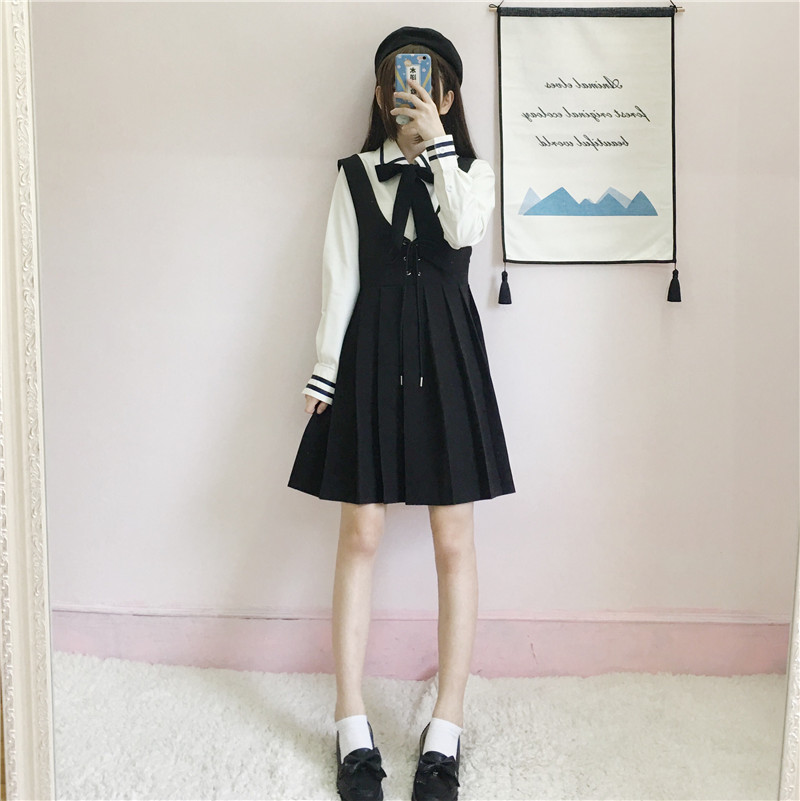 Japanese College JK Uniforms Long-Sleeved Shirt Pleated Suspender Dress Two-Piece Suit Female  school girl uniform Image