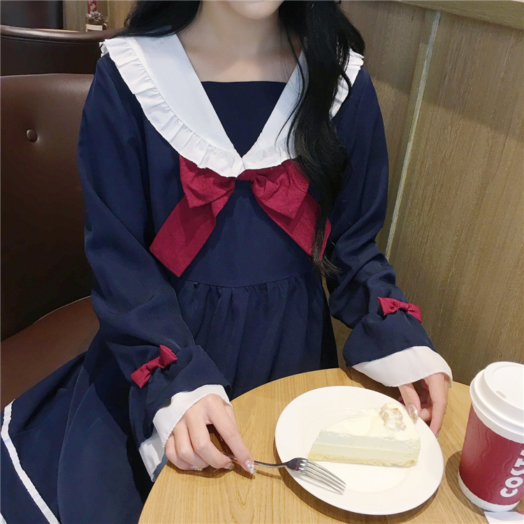 Summer Girl Cartoon Blue White Sailor Collar Dresses School Uniform Girls Preppy Cute Tie Short Sleeve Casual Dress Image