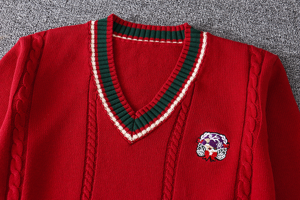 New S-XL Spring Autumn Women's Long Sleeve Stripes Knit Red Tops Pullovers V Neck Sweaters For Jk School Uniform Student Clothes Image