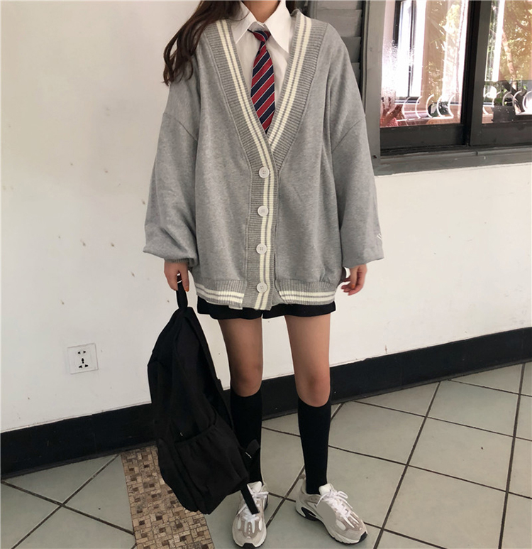 Spring Autumn Women Long Sleeve Knit Cardigan And Shirt V Neck Sweater Gray Drak Blue Coat Thicken Jk School Uniform Sweater Image
