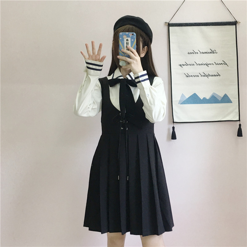 Japanese College JK Uniforms Long-Sleeved Shirt Pleated Suspender Dress Two-Piece Suit Female  school girl uniform Image