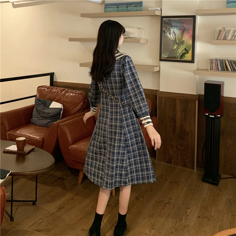 Long-Sleeve Dress Female Autumn Japanese Sweet Contrast Color Sailor Collar Bow  Plaid Dress  school girl uniform  jk uniform Image
