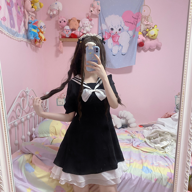 Women's Summer Japanese College Sailor Collar Waist Hugging Slim Ruffles Short-Height Student JK Skirt japanese school uniform Image