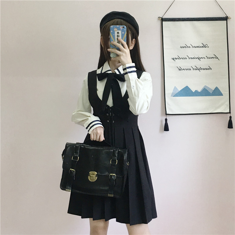 Japanese College JK Uniforms Long-Sleeved Shirt Pleated Suspender Dress Two-Piece Suit Female  school girl uniform Image