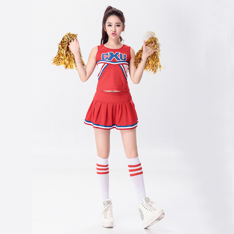 Free shipping Girls Cheerleader Uniform School Girl Costume Full Outfits Fancy Dress Costume top+skirt 2pcs 2 colors S-2 XL Image