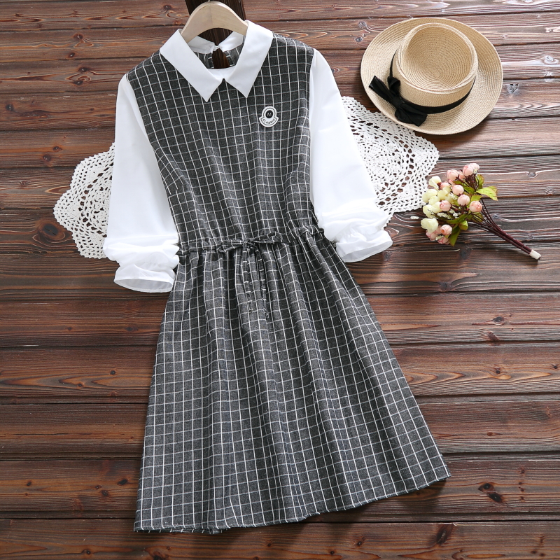 aeProduct.getSubject() Women's Literary Students Checked Dress Female Japanese School Uniform For Girls Long Sleeve Cotton and Linen Princess Dresses Image