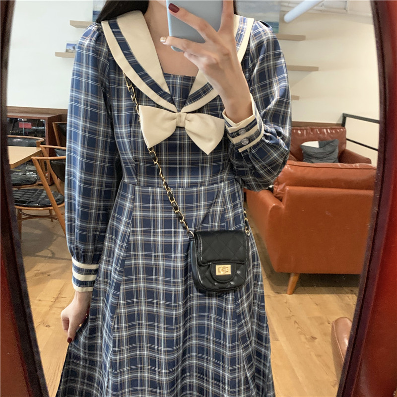Long-Sleeve Dress Female Autumn Japanese Sweet Contrast Color Sailor Collar Bow  Plaid Dress  school girl uniform  jk uniform Image