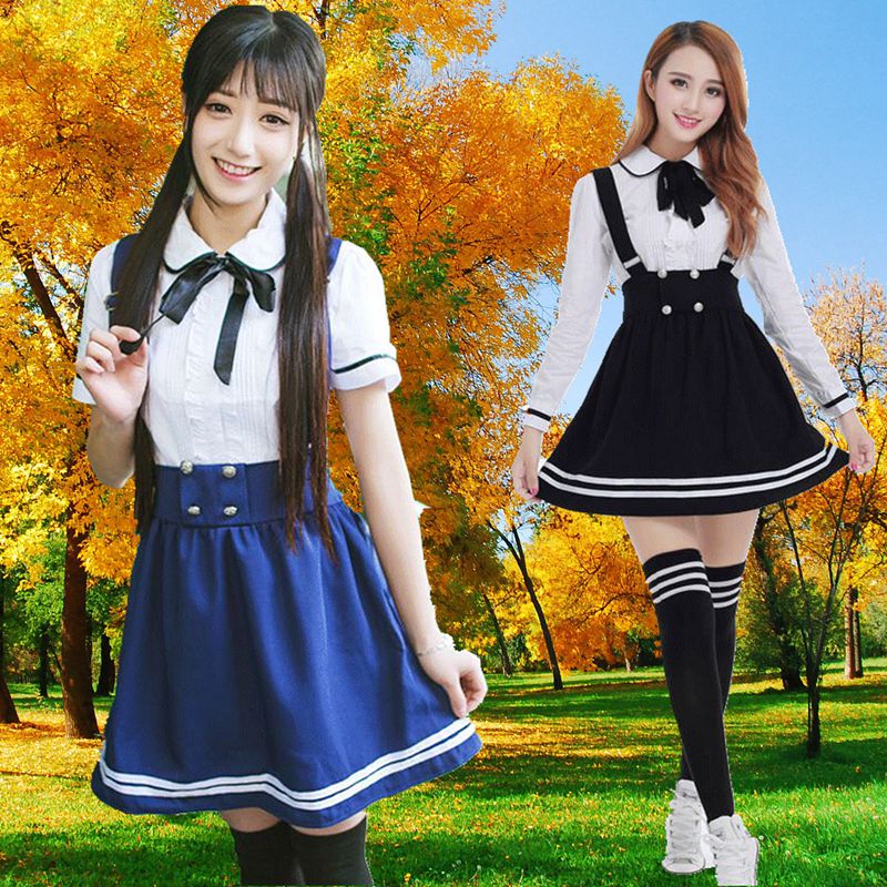 Japanese School Uniform for girls Students Class Sweet Clothes Plus size Navy Straps skirt +White Shirt +Stocking 3 Pcs / Set Image
