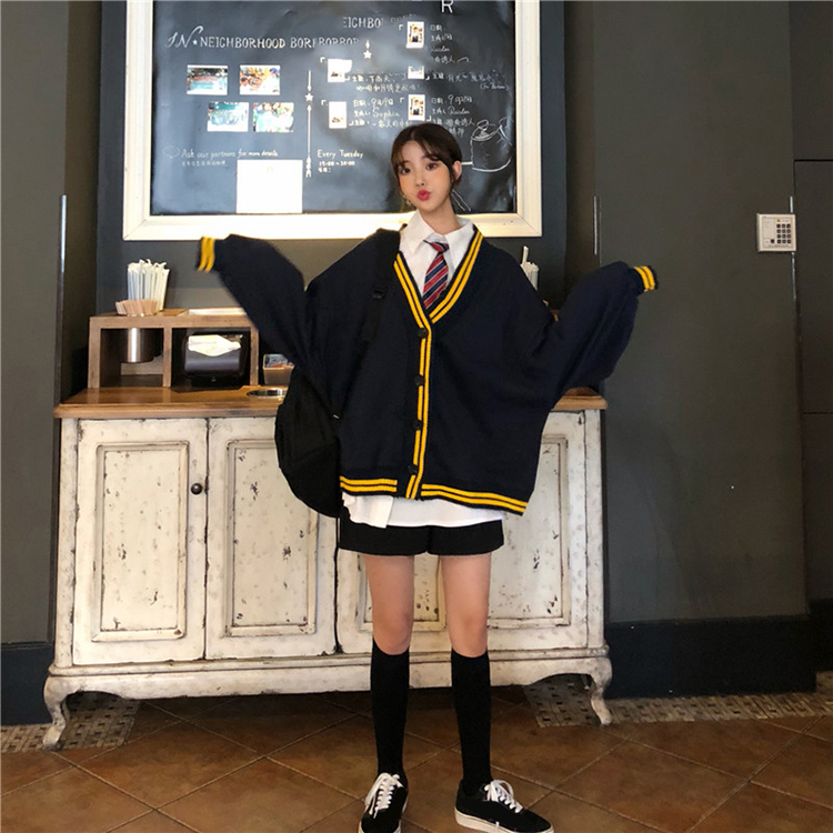 Spring Autumn Women Long Sleeve Knit Cardigan And Shirt V Neck Sweater Gray Drak Blue Coat Thicken Jk School Uniform Sweater Image