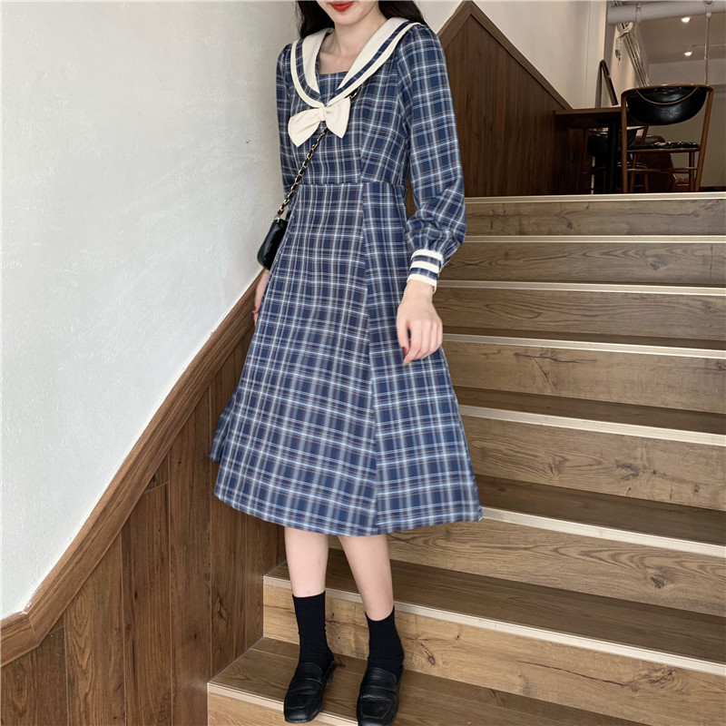 Long-Sleeve Dress Female Autumn Japanese Sweet Contrast Color Sailor Collar Bow  Plaid Dress  school girl uniform  jk uniform Image