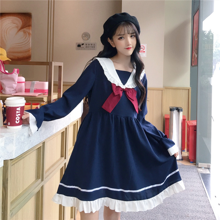 Summer Girl Cartoon Blue White Sailor Collar Dresses School Uniform Girls Preppy Cute Tie Short Sleeve Casual Dress Image