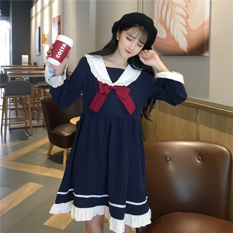 Summer Girl Cartoon Blue White Sailor Collar Dresses School Uniform Girls Preppy Cute Tie Short Sleeve Casual Dress Image