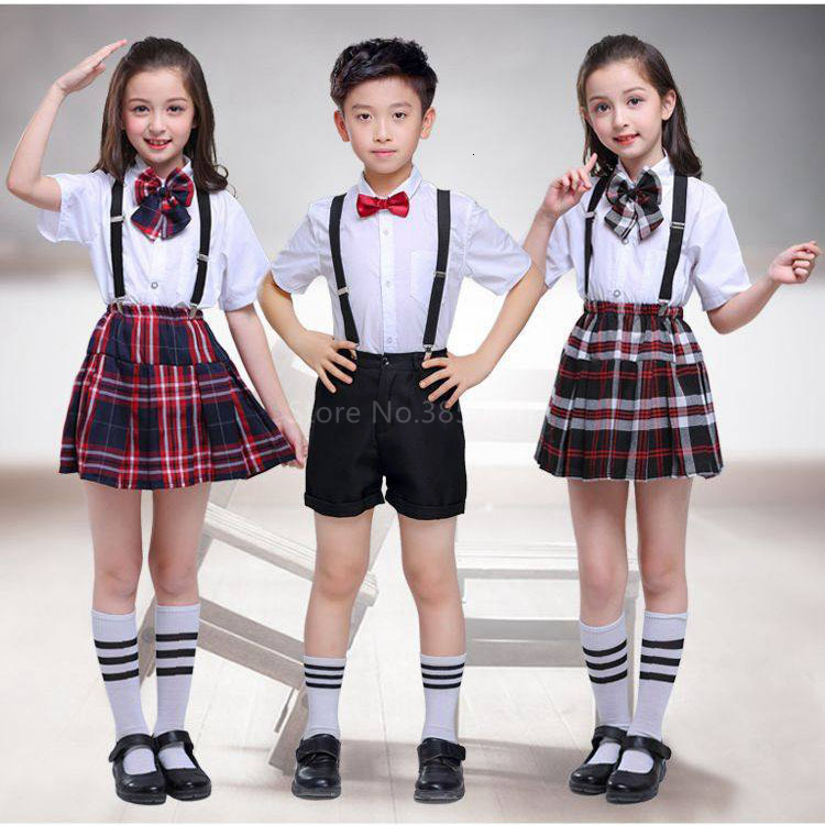 100-170cm Kids Clothing Set Tops+skirt+strap Teenager Girls Plaid Student School Uniform for Children Boys Choir Costumes Image