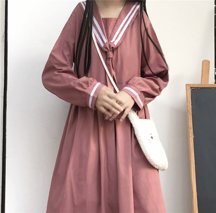 2020 New Japanese  Sweet College  Overknee dress Striped Sailor Collar Student Long Sleeve Dress Female Autumn  school uniform Image