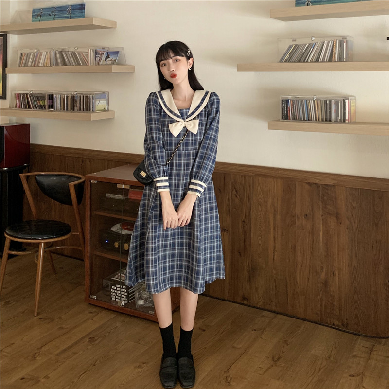 Long-Sleeve Dress Female Autumn Japanese Sweet Contrast Color Sailor Collar Bow  Plaid Dress  school girl uniform  jk uniform Image