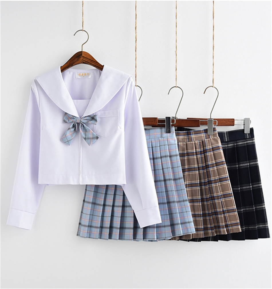 Japanese Style Fashion JK School Uniform College Girl Skirt Pleated Lattice Sailor Dress Tie Cute Girls Cosplay Clothing Set Image