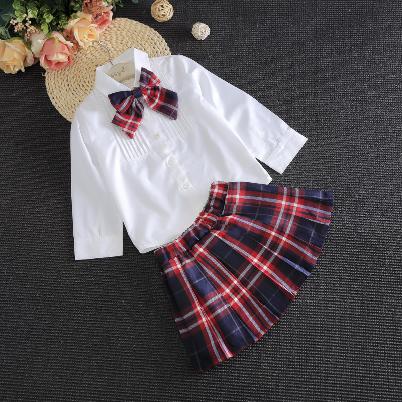90-130cm Children British Style School Uniform for Kids Girls White Blouse Red Plaid Skirt Set Choir Performance Dance Costumes Image