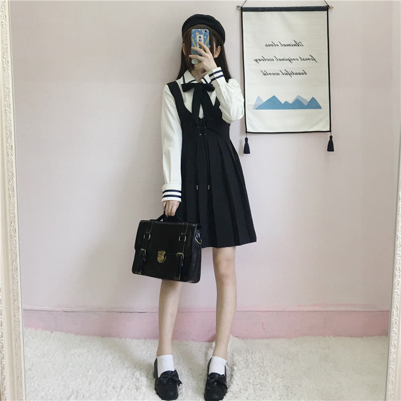 Japanese College JK Uniforms Long-Sleeved Shirt Pleated Suspender Dress Two-Piece Suit Female  school girl uniform Image