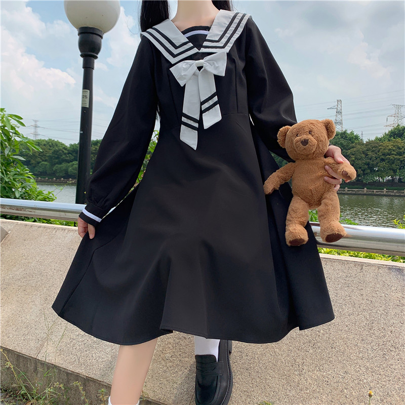 College Style Long-Sleeved Dress Women Spring and Autumn Japanese Sweet Bow Sailor Collar High Waist JK Sailor dress jk uniform Image