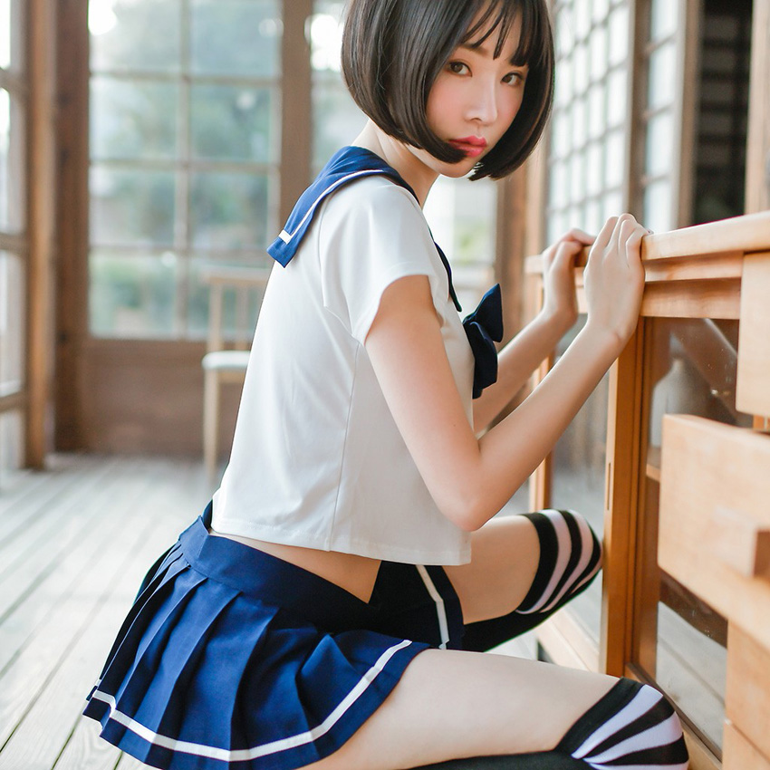 Sexy Women's JK Suit Navy Collar High School Uniform with Bow Tie Home Wear Mini Pleated Skirt Transparent Costume Lingerie Image