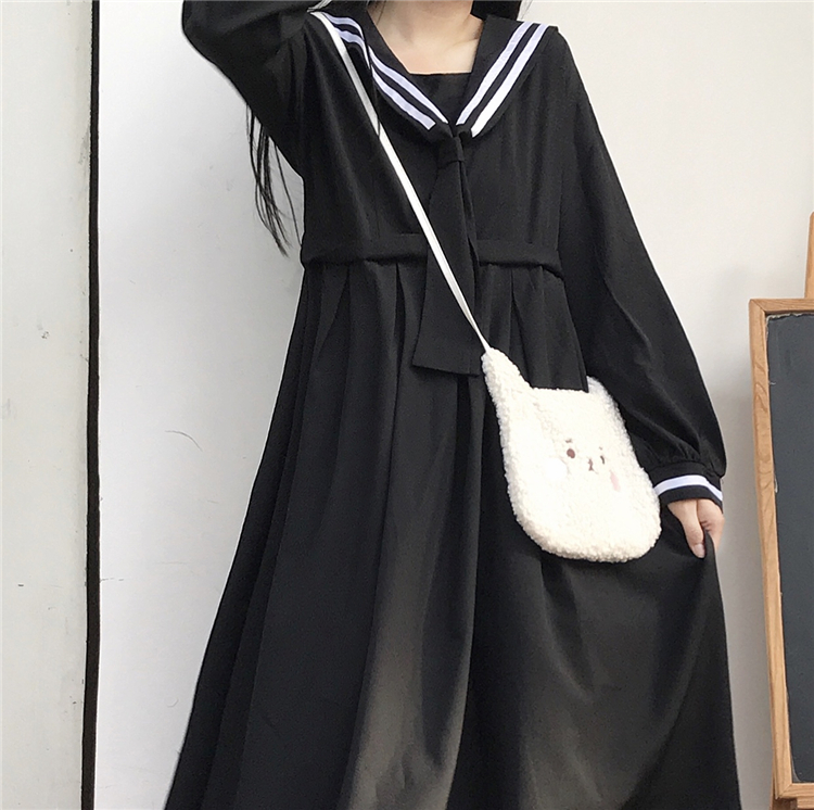 2020 New Japanese  Sweet College  Overknee dress Striped Sailor Collar Student Long Sleeve Dress Female Autumn  school uniform Image