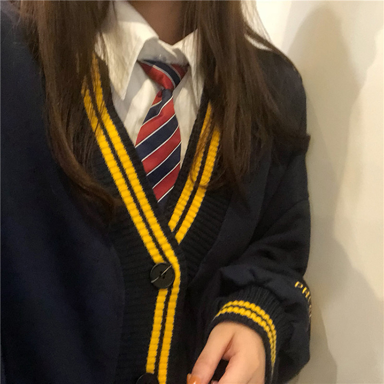 Spring Autumn Women Long Sleeve Knit Cardigan And Shirt V Neck Sweater Gray Drak Blue Coat Thicken Jk School Uniform Sweater Image