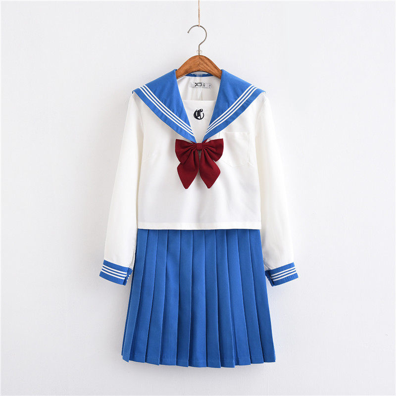 Light Blue Japanese Uniform For School Girls Long Sleeve Sailor Shirt Pleated Skirt Set College Middle High School Uniforms Image