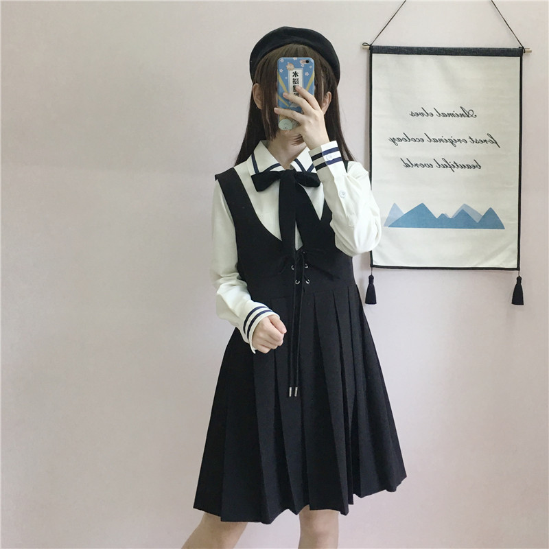 Japanese College JK Uniforms Long-Sleeved Shirt Pleated Suspender Dress Two-Piece Suit Female  school girl uniform Image