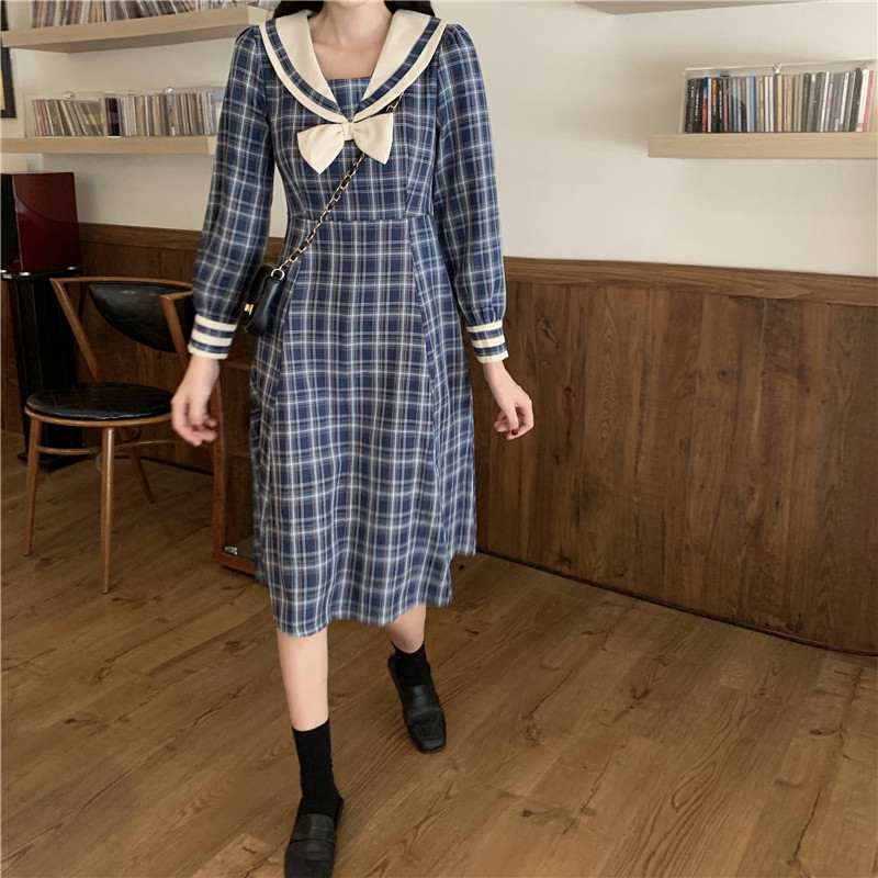 Long-Sleeve Dress Female Autumn Japanese Sweet Contrast Color Sailor Collar Bow  Plaid Dress  school girl uniform  jk uniform Image