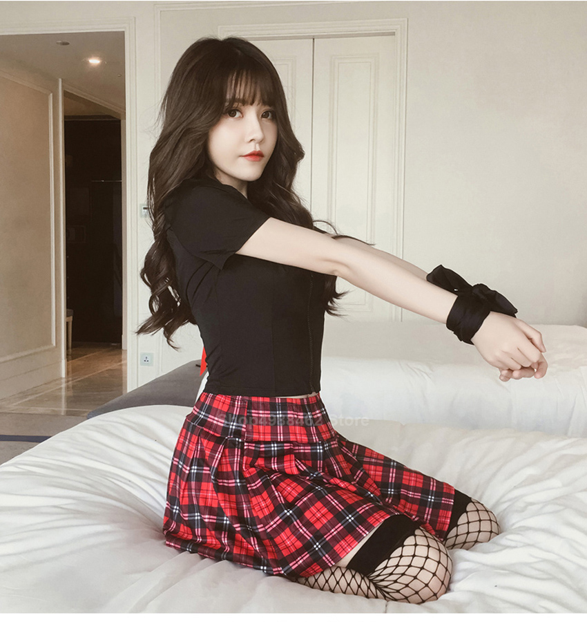 British High School Student Girls School Uniform Women Sexy JK Suit Bandage Backless Tops+Plaid Skirt Clothing Set for Female Image