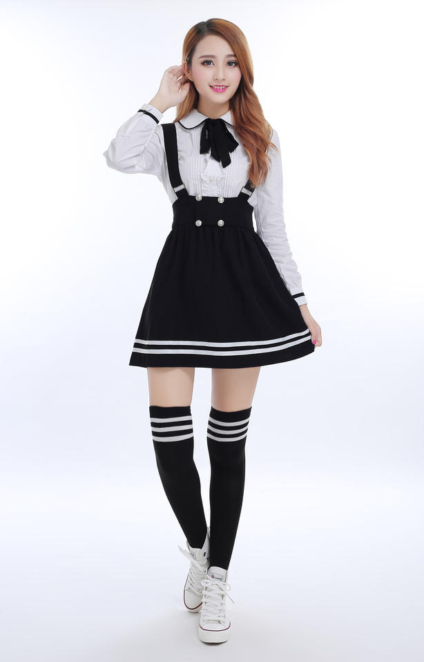 Japanese School Uniform for girls Students Class Sweet Clothes Plus size Navy Straps skirt +White Shirt +Stocking 3 Pcs / Set Image