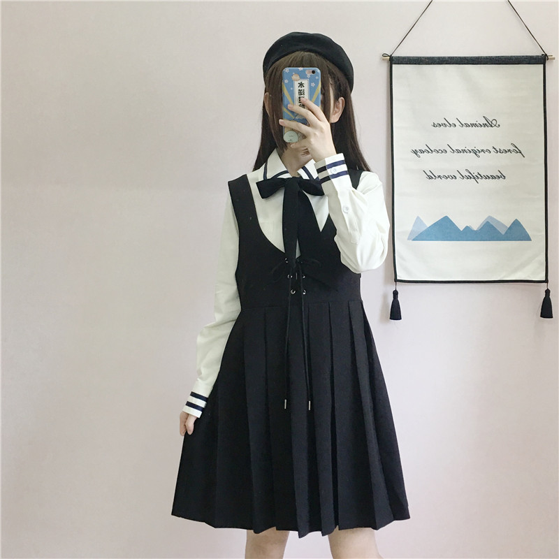 Japanese College JK Uniforms Long-Sleeved Shirt Pleated Suspender Dress Two-Piece Suit Female  school girl uniform Image