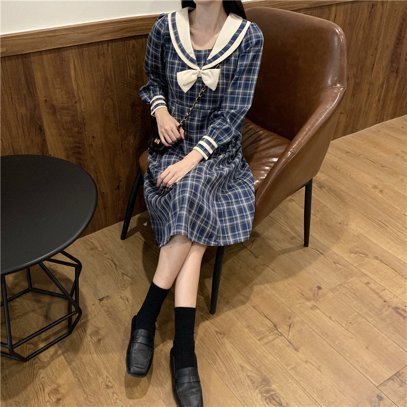 Long-Sleeve Dress Female Autumn Japanese Sweet Contrast Color Sailor Collar Bow  Plaid Dress  school girl uniform  jk uniform Image