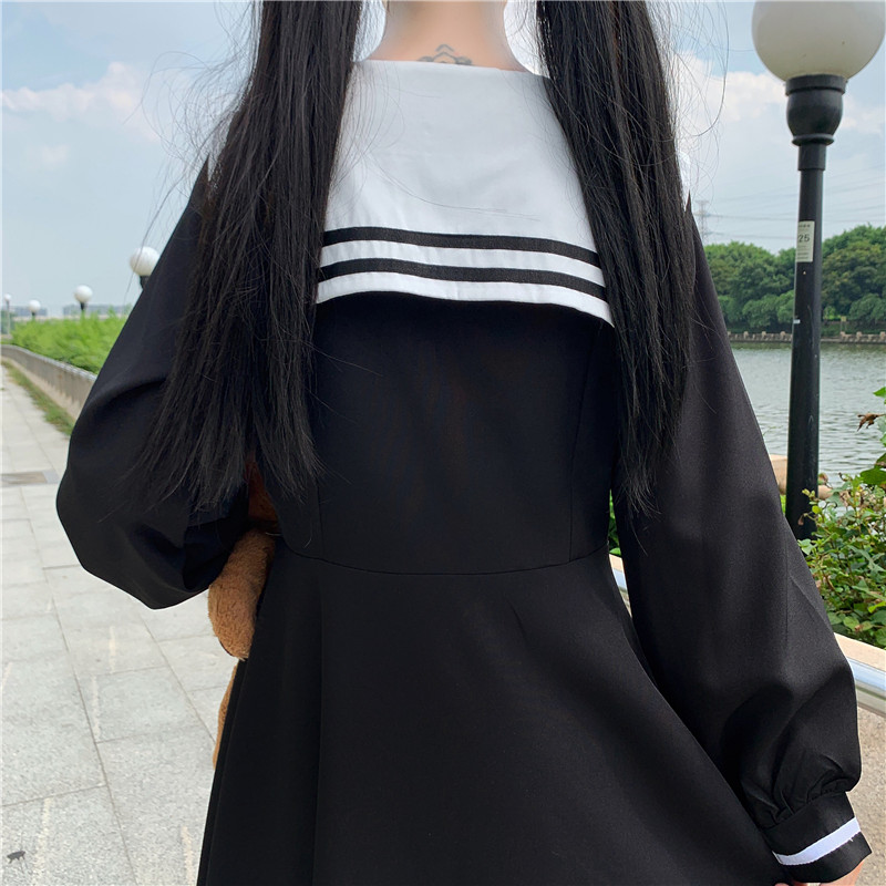 College Style Long-Sleeved Dress Women Spring and Autumn Japanese Sweet Bow Sailor Collar High Waist JK Sailor dress jk uniform Image