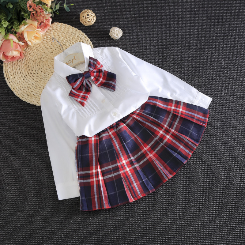 90-130cm Children British Style School Uniform for Kids Girls White Blouse Red Plaid Skirt Set Choir Performance Dance Costumes Image