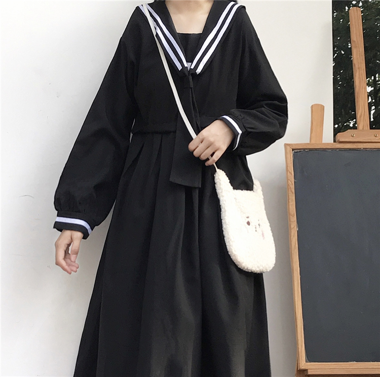 2020 New Japanese  Sweet College  Overknee dress Striped Sailor Collar Student Long Sleeve Dress Female Autumn  school uniform Image