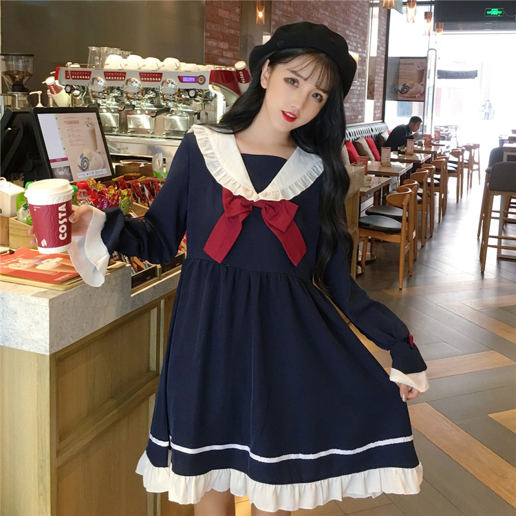 Summer Girl Cartoon Blue White Sailor Collar Dresses School Uniform Girls Preppy Cute Tie Short Sleeve Casual Dress Image