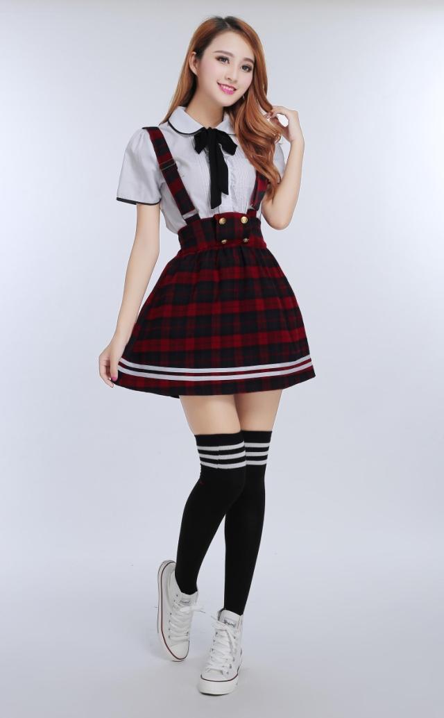 Japanese School Uniform for girls Students Class Sweet Clothes Plus size Navy Straps skirt +White Shirt +Stocking 3 Pcs / Set Image