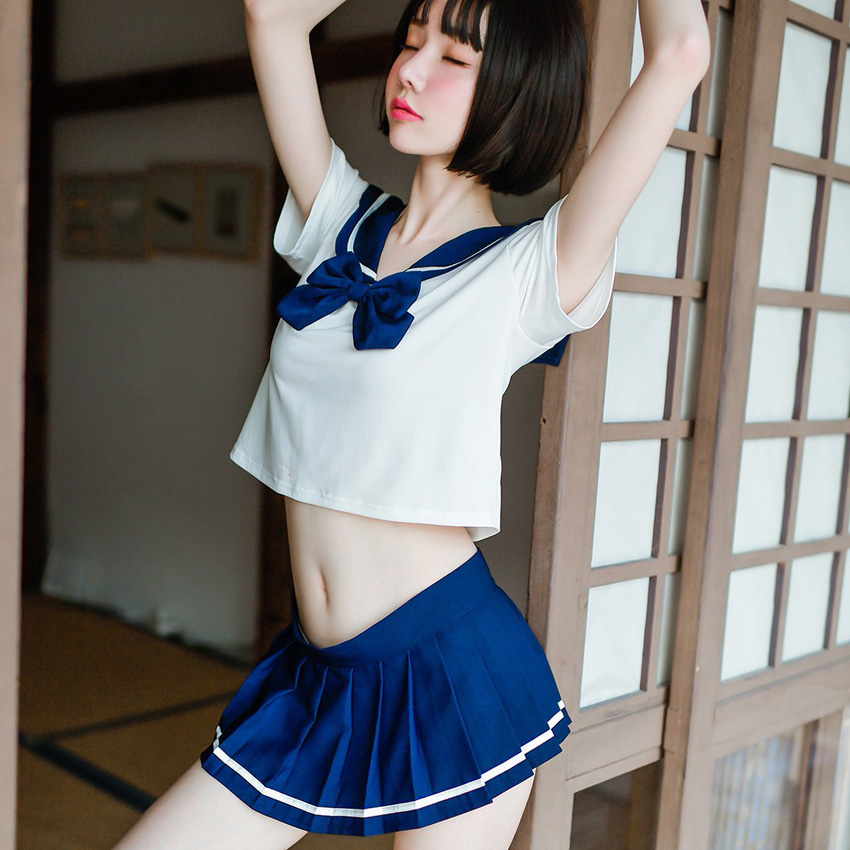 Sexy Women's JK Suit Navy Collar High School Uniform with Bow Tie Home Wear Mini Pleated Skirt Transparent Costume Lingerie Image