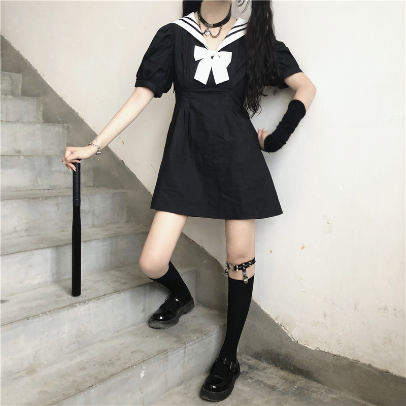 Japanese College Sailor Collar Puff Sleeve High Waist Slimming Sailor Suit JK Dress Female 2020 Summer japanese school uniform Image