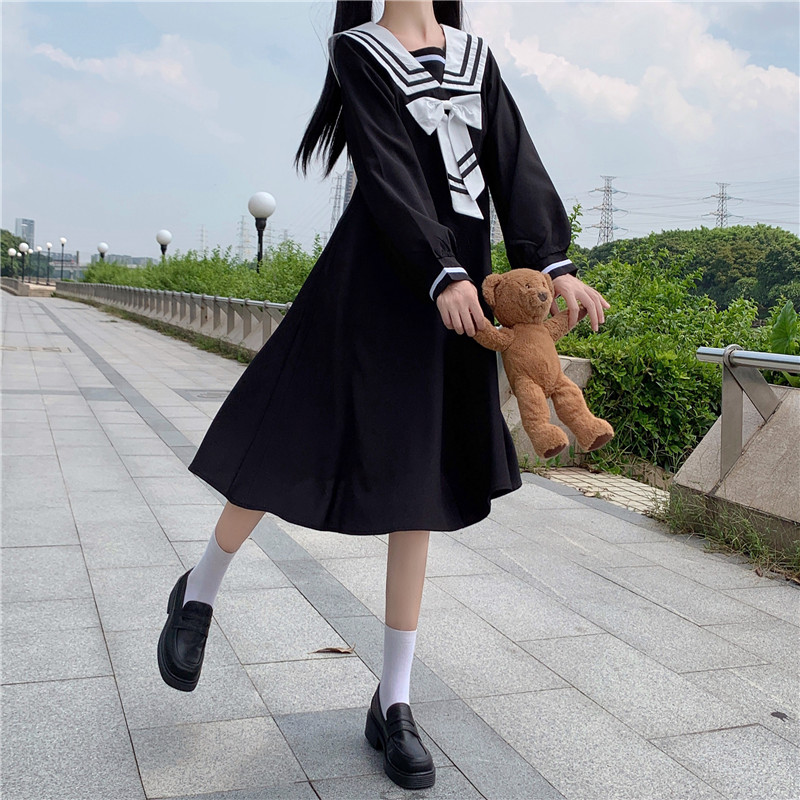 College Style Long-Sleeved Dress Women Spring and Autumn Japanese Sweet Bow Sailor Collar High Waist JK Sailor dress jk uniform Image