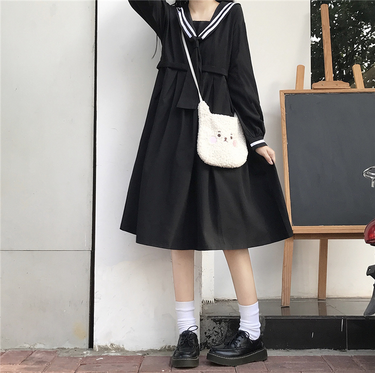 2020 New Japanese  Sweet College  Overknee dress Striped Sailor Collar Student Long Sleeve Dress Female Autumn  school uniform Image