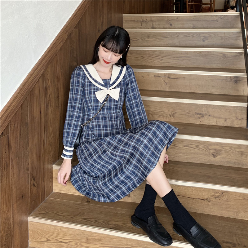 Long-Sleeve Dress Female Autumn Japanese Sweet Contrast Color Sailor Collar Bow  Plaid Dress  school girl uniform  jk uniform Image