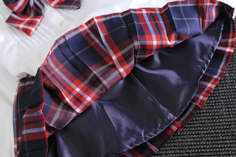 90-130cm Children British Style School Uniform for Kids Girls White Blouse Red Plaid Skirt Set Choir Performance Dance Costumes Image